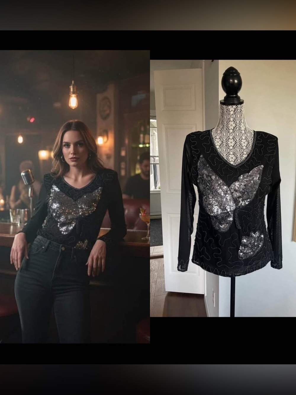Vintage Beaded and Sequin Butterfly Lotus Flower Long Sleeve Top Shirt. Medium
